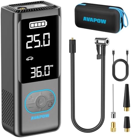 AVAPOW AP18 Tire Inflator Portable Air Compressor, Compact Size 150 PSI Cordless Car Tire Air Pump with Pressure Gauge, 3.7″ LCD Screen, Auto-Shuts Off Tire Pump for 195/65/R15 Car Tires