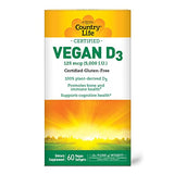 Country Life Vegan D3 5000 IU, 60 Softgels, Certified Gluten Free, Certified Vegan