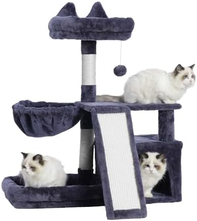 Cat Tree, Cat Tower with condo, Basket, Large Bed, Platform, Scratch Board, Cat Scratching Posts for Indoor Cats, Smoky Gray GCT002SG