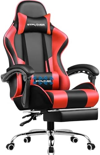 GTPLAYER Gaming Chair, Computer Chair with Footrest and Lumbar Support, Height Adjustable Game Chair with 360°-Swivel Seat and Headrest and for Gaming (Red)