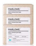 MARLOWE. No. 102 Men's Body Scrub Soap 7 oz (3 Bars) Fresh Original Woodsy Scent, Best Exfoliating Bar for Men, Natural Ingredients, Apricot Seed Powder, Shea Butter, Olive Oil, Green Tea Extracts