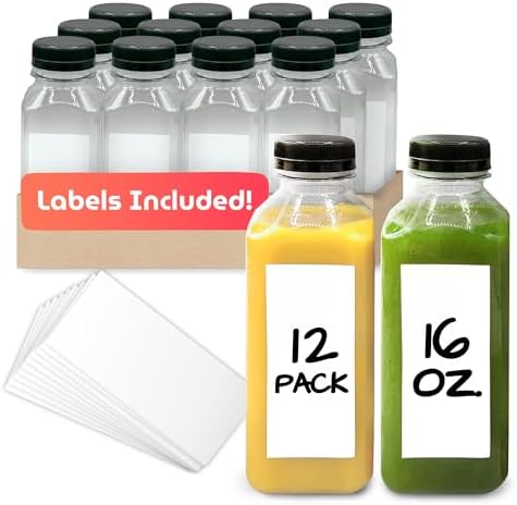 Reli. Plastic Juice Bottles [12 Pack] [16 oz] Square 16 oz Plastic Bottles with Caps & Sticker Labels | Clear, Empty for Drinks 16oz | Disposable, Reusable Containers for Juicing, Smoothies