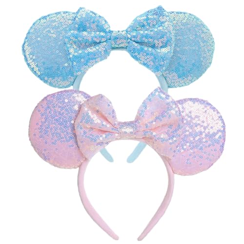 Mouse Ears Headbands Women Mice Ears Headhand Bows Shiny Glitter Birthday Party Themed Events (Pink & blue, One size)