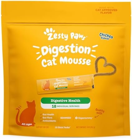 Zesty Paws Cat Mousse Squeezies Puree Cat Treats for Digestion - with Seaweed, Omega Fatty Acids, Antioxidants - Support for Digestive Health Cats - Chicken Flavor - 18 Count