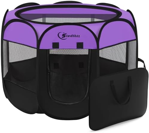 Dog Playpen, Puppy Pet Playpen Indoor for Large Dogs, Dog Tent Crates Cage Indoor/Outdoor, Portable Pop Up Dog Kennel Playpen with Carrying Case for Dogs/Cats/Rabbits, Removable Zipper Top, Purple