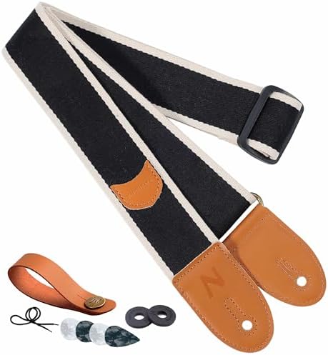 Nefelibata Guitar Strap, Cotton Full Grain Leather Ends Guitar Straps with Pick Pocket for Bass, Electric & Acoustic Guitar, Come with Free Strap Button, 1 Pair Strap Locks and 4 Guitar Picks