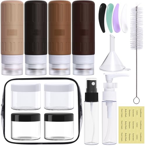 GLAMFIELDS Travel Bottles for Toiletries,TSA Approved 3.3oz Size LeakProof Silicone Toiletry Containers for Shampoo, Conditioner,Easy to Squeeze，Portable Travel Essentials for Lotion(18 Pack) Coffee