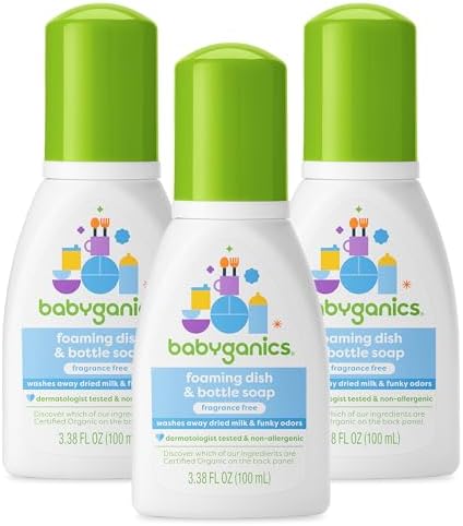 Babyganics Foaming Dish & Bottle Soap for Travel, Fragrance Free, Plant-Derived Cleaning Power, Removes Dried Milk, Packaging May Vary, 3.38 Fl Oz (Pack of 3)