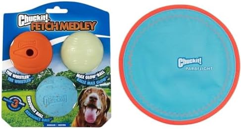 Chuckit! Fetch Medley Dog Ball Dog Toys, Medium (2.5 Inch) Pack of 3, for Medium Breeds & Paraflight Flying Disc Dog Toy, Large (9.75"), Orange and Blue