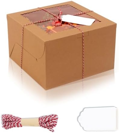 20Pcs 8 Inch Cake Boxes with Window, 8x8x5 Inches Brown Bakery Boxes, Cake Carrier Container for Pastries, Pie, Cookies, Chocolates, Cupcakes, Birthday Party, Wedding, Valentine's Day
