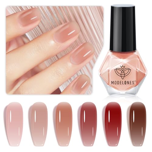 Modelones Jelly Nail Polish of 6 Colors Sheer Nude Mini Nail Polish Set Natural Jelly Red Pink Brown Colors Quick Dry Nail Polish Kit for DIY Valentine's Day Nail Art Salon Home Gift for Women Girl