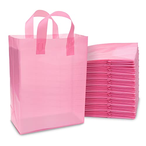 Prime Line Packaging Pink Gift Bags for Small Business Supplies, Boutiques, Party Favors, Frosted Shopping Tote for Valentines, Bulk, 10x5x13 50 Pack