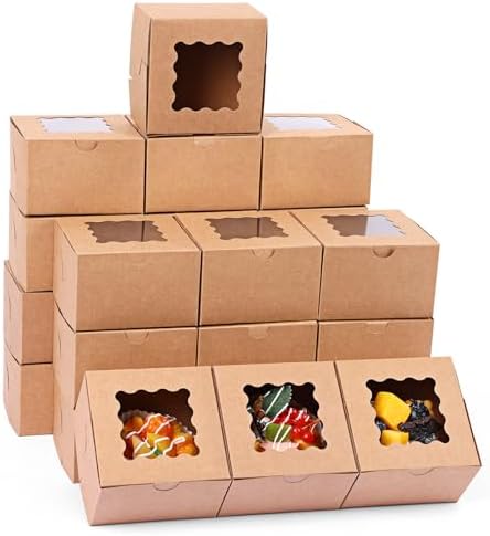 Moretoes 200pcs Small Cookie Boxes, 4x4x2.5 Inch Brown Cookie Boxes with Window, Bakery Boxes Cake Boxes Pastry Boxes for Donuts, Candy, Strawberries, Cupcakes, Christmas Supplies