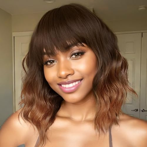 AISI HAIR Synthetic Wavy Curly Bob Wig with Bangs Ombre Brown to Auburn Brown Wig Short Hair for Women Synthetic Heat Resistant Bob Wigs