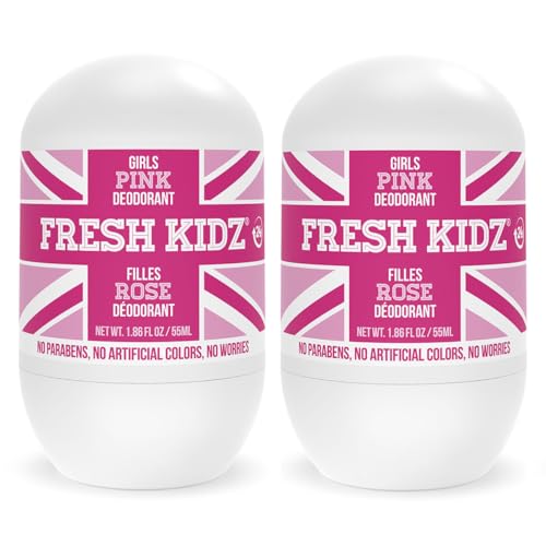 Fresh Kidz Roll On Deodorant for Kids and Teens - Baking Soda and Aluminum-free 24 Hour Protection for Sensitive Skin - Girls "Pink" 1.86 fl.oz. (2 Pack)