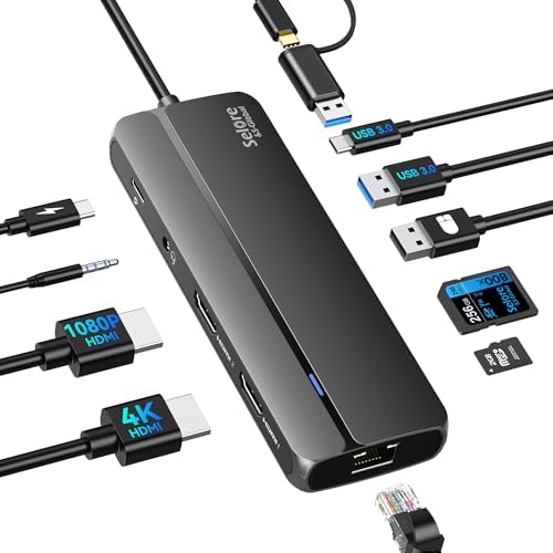 USB 3.0 Docking Station,10 in 1 USB A Docking Station Dual Monitor for Laptop, USB C Hub Dual HDMI Adapter with 2 HDMI,Ethernet,PD 100W,SD/TF,Audio/Mic for MacBook/Dell/HP/M1M2