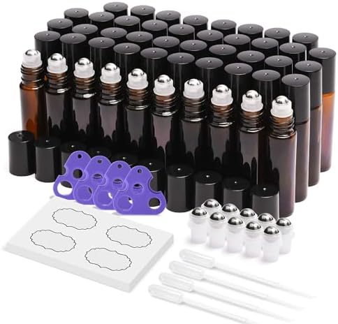 ULG 8-/48-Pack Essential Oil Roller Bottles 10ml, Cobalt Blue/Amber Glass Empty Bottles with Stainless Steel Roller Balls and Waterproof Labels, Roller Balls For Essential Oils