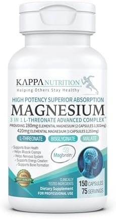 (150 Capsules), 2,253mg Per Serving, Providing 420mg Elemental Magnesium, L-Threonate, Bisglycinate Chelate, Malate, from Kappa Nutrition.