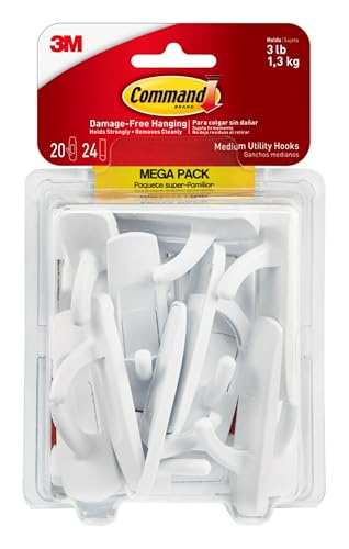 Command Medium Utility Hooks, 20 Hooks and 24 Command Strips, Damage Free Hanging Wall Hooks with Adhesive Strips, No Tools Adhesvie Hooks for Hanging Christmas Decorations, Holds up to 3 lb