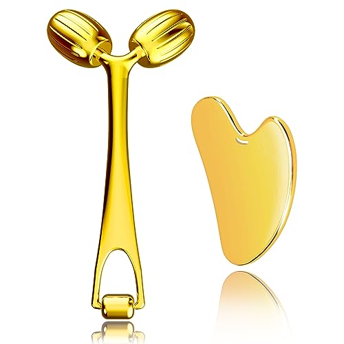 Yeamon Face Massager, Metal Face Roller Gua Sha Massage Tool for Face Neck Eye Body Skin Care, Facial Roller for Women(Gold)