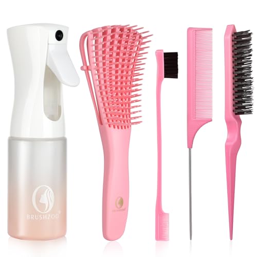 BRUSHZOO Hair Brush Set, Hair Brushes for Women Men kid Wet Dry All Hair Detangling Parting Styling, Brush Set with Detangler Brush, Edge Brush, Teasing brush, Rat Tail Comb (Pink)