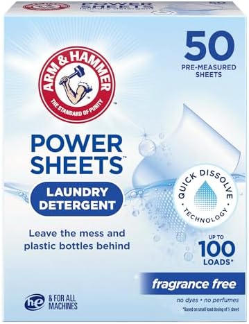 Arm & Hammer Power Sheets Laundry Detergent, Fragrance Free 50ct, 50 loads