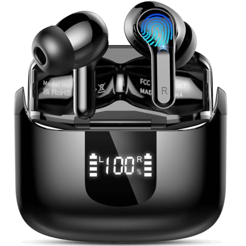 Wireless Earbud Bluetooth 5.3 Headphones, Hi-Fi Stereo Ear Buds with 4 ENC Cancelling Mics, 40H in-Ear Earphones IP7 Waterproof Sports, LED Display, Mini Headset for Laptop Pad TV, Android/iOS Phones
