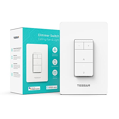 Smart Ceiling Fan Control and Dimmer Light Switch, TESSAN Single-Pole WiFi Wall Switch with Fan Speed Control, Compatible with Alexa and Google Assistant