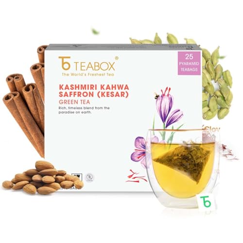 Teabox Kashmiri Kahwa Green Tea | 25 Tea Bags | Whole Green Tea Leaves with Saffron, Cardamom, Cinnamon, Clove and Almond | Gluten-Free Tea, Medium-Caffeine