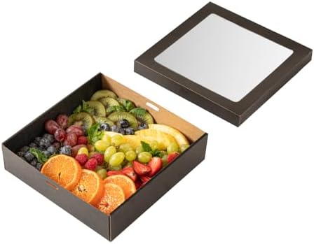 Restaurantware Cater Tek 9 x 9 x 2.4 Inch Baked Goods Boxes 100 Greaseproof Pastry Boxes - Window Lids Insert Tab Lock Black Paper Catering Boxes Easy Assembly For Charcuterie Or Cupcakes