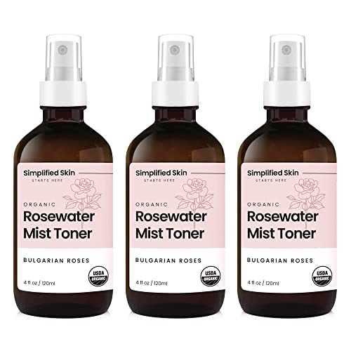 Rose Water Spray for Face & Hair - 100% Natural Organic Face Toner - Alcohol-Free Makeup Remover - Anti-Aging Self Care Beauty Mist - Face Care - Hydrating Rosewater by Simplified Skin (4 oz) - 3 Pack