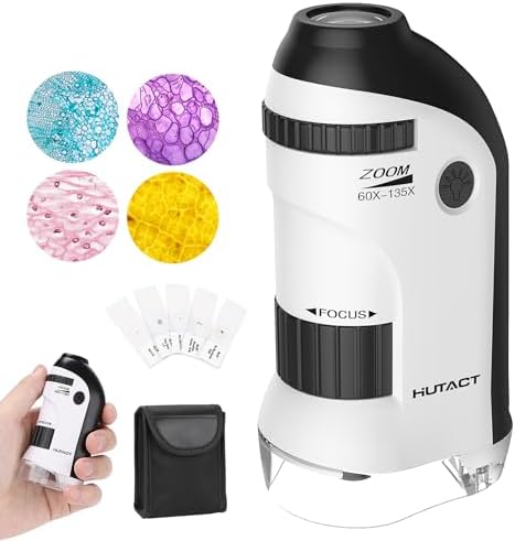 HUTACT Pocket Microscope for Kids, 60X-135X Mini Portable Microscope with 5 Microscope Slides, Handheld Microscope for Children Students