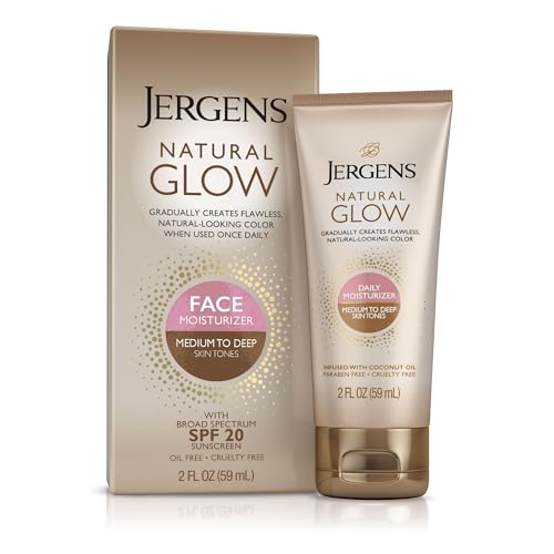 Jergens Natural Glow Self Tanner Face Moisturizer, SPF 20 Facial Sunscreen, Medium to Deep Skin Tone, Sunless Tanning, Oil Free, Broad Spectrum Protection UVA and UVB, 2 oz (Packaging May Vary)