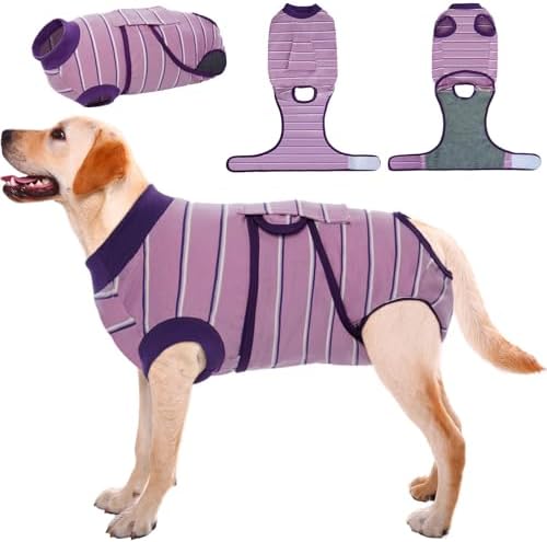 Kuoser Dog Surgery Suit Female Spay, Soft Dog Recovery Suit Male Neuter Anti Licking Dog Onesie E-Collar & Cone Alternative, Breathable Dog Surgical Suit for Surgery Recovery, Purple Strips XL