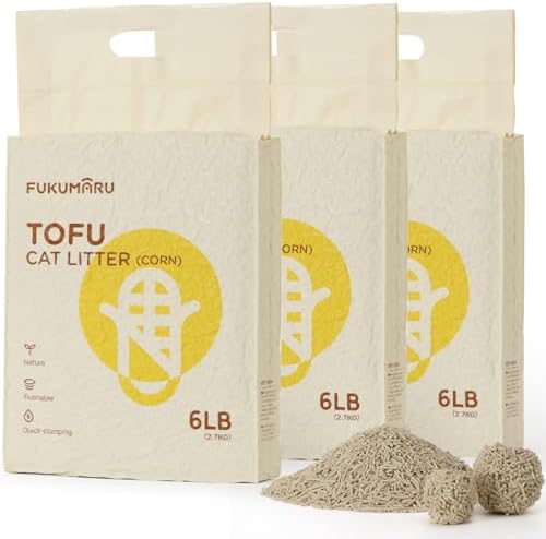 FUKUMARU Tofu Cat Litter, 100% Natural Ingredients Litter, Flushable, Dust Free, Quick Clumping, Lightweight, Low Tracking Cat Litter Pellets, Effective Odor Control, Unscented, 18 LBS (3 Packs)