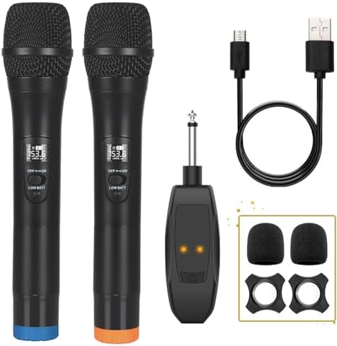 ALPOWL Wireless Microphone, UHF Dual Cordless Dynamic Mic System,Handheld Karaoke Microphone with Rechargeable Receiver(Auto Connect,200 ft Range) for Singing, Church, Speech, Wedding, Party