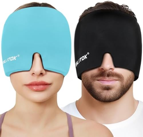 Migraine Relief Gel Ice Head Wrap, Hot and Cold Therapy Headache Relief Hat, Migraine Cap for Puffy Eyes, Headache Eyes Mask for Sinus, Tension and Stress Relief (Black & Blue)