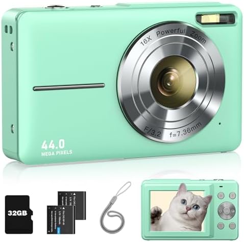 Digital Camera, FHD 1080P Point and Shoot Kids Camera, with 32GB Card, 2 Batteries, 16X Zoom Anti Shake Date Stamp, Compact Portable Small, for Starter Kid Children Teen Student Girl Boy(Light Green)