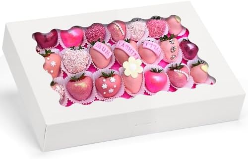 Moretoes 24pcs Bakery Boxes 14x10x2.5 Inch Cookie Boxes with Window Large Dessert Boxes Treat Boxes for Chocolate Covered Strawberries, Donuts, Pies, Muffins and Pastries (White)