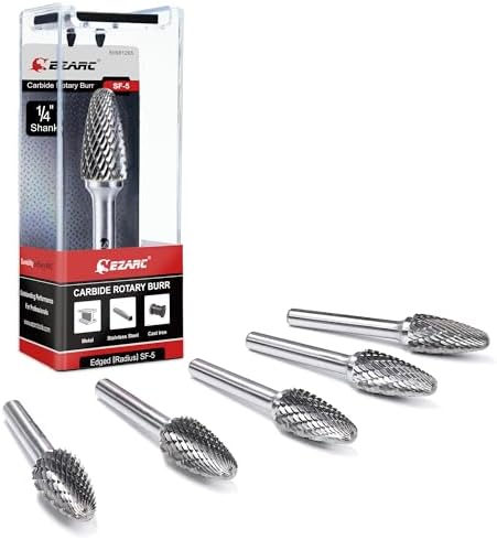 EZARC 5PCS Tungsten Carbide Rotary Burr Set, SF-5 Double Cut Carbide Burr 1/4" Shank Die Grinder Bits for Metal Working & Sturdy Storage Case