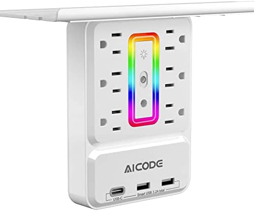 Socket Outlet Shelf,Wall Outlet Extender Surge Protector with Nightlight,6 Outlets with 3 USB Ports(1 USB C) Plug Expander Charger Shelf with Storage for Home,Dorm