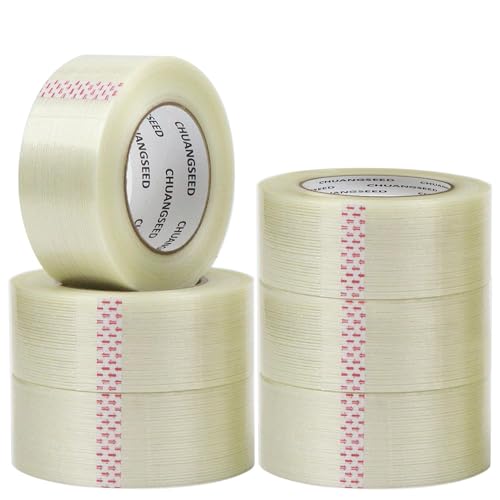 CHUANGSEED 6-Pack Mono Filament Strapping Tape 6.2mil x 2Inch x 60yds Commodity Grade Heavy Duty Transparent Reinforced Fiberglass Tape
