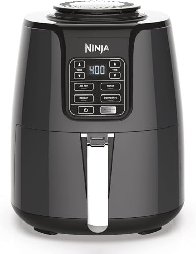 Ninja Air Fryer, 1550-Watt Programmable Base for Air Frying, Roasting, Reheating & Dehydrating with 4-Quart Ceramic Coated Basket (AF101), Black/Gray (Renewed)