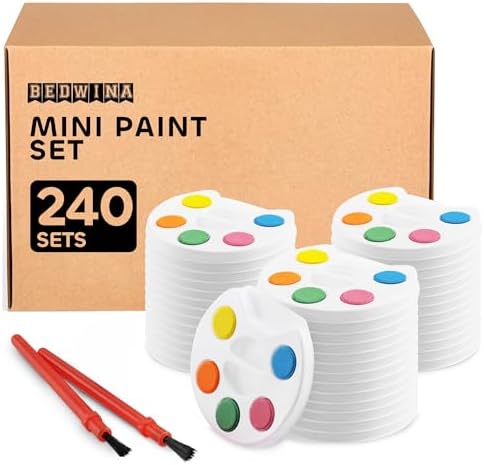 Mini Watercolor Kids Paint Set - (Bulk Pack of 240) - 5 Watercolor Paints, Palette Tray and Painting Brush, for Art Party Favors, Kids Prizes and Paint Party Supplies