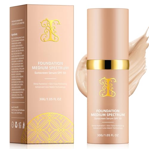 4 in 1 Foundation Liquid, Medium Coverage Foundation Makeup with Flawless Finish, SPF 50+ & Longwearing & Waterproof, Hydrating Color Changing Foundation Light Spectrum for Gym, Sports, Dancing