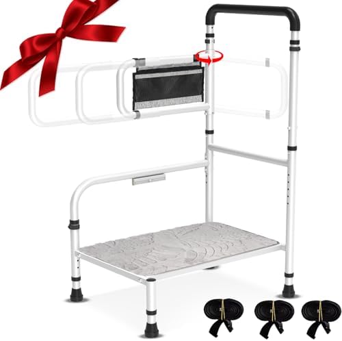 Bed Step Stool for Elderly/High Bed, 360 ° Anti Fall Armrest，Support 800 lbs, 8-Level Adjustable Height, Storage Bag, Memory Sponge Carpet, USB Light, 3 4m Fixed Strap, for Bed Height Below 40″