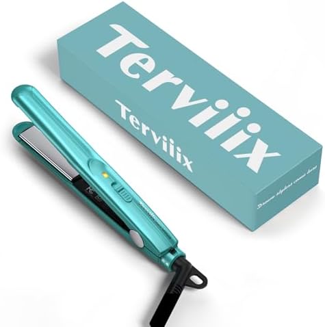 Terviiix Mini Flat Iron for Travel, 1/2'' Small Hair Straightener for Short Hair/Bangs, 0.5'' Portable Ceramic Straightening Irons, Dual Voltage, Pouch Included, Compact Size, Cyan