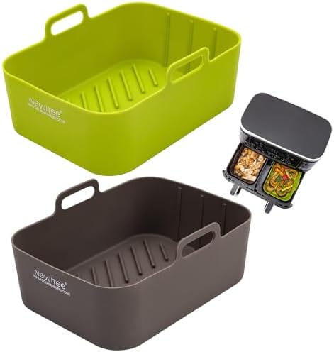 Air Fryer Silicone Liners 10QT for Ninja DZ201/DZ550/DZ401/SL401, 2 Pack - NEWITEE BPA Free Platinum Silicone Air Fryer, Rectangle Dual Ninja Air Fryer Liners Tray with Handle
