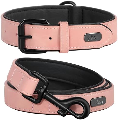 Didog Soft Padded Leather Dog Collar and Leash Set, Heavy Duty Pink Dog Leash and Collar Set with Metal Buckle, Breathable Dog Collars with 4FT Leather Dog Leash for Small Medium Large Dogs, Pink, XL