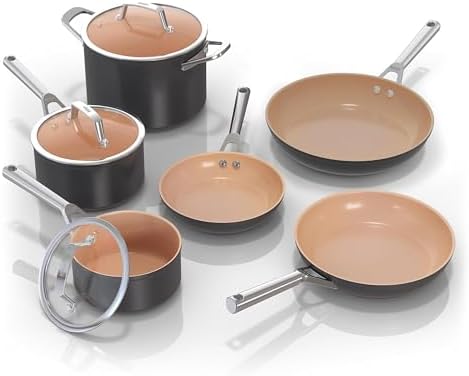 Ninja Pots and Pans Set Non Stick | Extended Life Premium Ceramic Cookware Set | 9-Piece Nonstick | PTFE Free | Oven Safe to 550°F | Induction Compatible | Frying Pan x3 | Cooking Pot x3 | CW99009